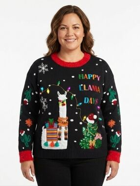 Happy Llama Ugly Christmas Sweater Embroidery Sequins Colorful Bling Women's L